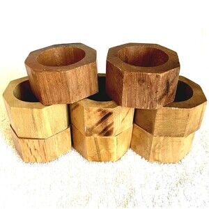 Vintage Wooden Napkin Rings Octagon Set of 8 Handmade MCM Rustic Brown Farmhouse